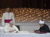 Pope Francis and Ahmed el-Tayeb, grand imam of al-Azhar, signed a joint declaration on human fraternity during an interreligious meeting in Abu Dhabi, UAE, Feb. 4, 2019 