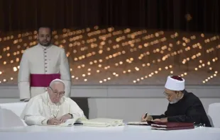 Pope Francis and Ahmed el-Tayeb, grand imam of al-Azhar, signed a joint declaration on human fraternity during an interreligious meeting in Abu Dhabi, UAE, Feb. 4, 2019   Vatican Media.