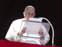 Pope Francis delivers the Angelus address on Feb. 12, 2023.