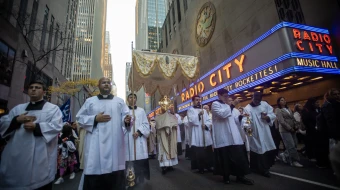 A Eucharistic procession sponsored by the Napa Institute passes by Radio City Music Hall in New York City on Oct. 15, 2024.