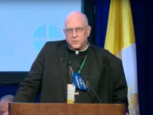 Archbishop Joseph F. Naumann of Kansas City, Kan., and the outgoing chair of the USCCB’s Committee on Pro-Life Activities, presents pro-life initiative Walking with Moms in Need to the U.S. bishops on Nov. 17, 2021 in Baltimore.