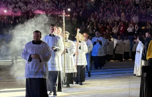Priests process into Lucas Oil Stadium on Nov. 22, 2025, for the concluding Mass in Lucas Oil Stadium at the National Catholic Youth Conference in Indianapolis. Credit: Tessa Gervasini/CNA