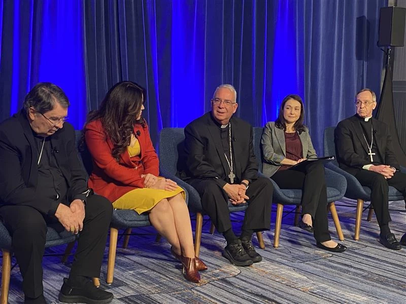 Organizers of Pope Leo XIV’s upcoming digital dialogue with young people Nov. 21 at the National Catholic Youth Conference in Indianapolis speak to the media at the site of the United States Catholic Bishops’ Conference Fall Plenary Assembly in Baltimore on Nov. 12, 2025. Left to right: Cardinal Christophe Pierre, papal nuncio to the United States; Montse Alvarado, president and COO of EWTN News; Archbishop Nelson J. Pérez, Archdiocese of Philadelphia; Christina Lamas, executive director of National Federation for Catholic Youth Ministry; and Archbishop Charles Thompson, Archdiocese of Indianapolis. | Credit: Shannon Mullen/National Catholic Register