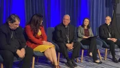 Organizers of Pope Leo XIV’s upcoming digital dialogue with young people Nov. 21 at the National Catholic Youth Conference in Indianapolis speak to the media at the site of the United States Catholic Bishops’ Conference Fall Plenary Assembly in Baltimore on Nov. 12, 2025. Left to right: Cardinal Christophe Pierre, papal nuncio to the United States; Montse Alvarado, president and COO of EWTN News; Archbishop Nelson J. Pérez, Archdiocese of Philadelphia; Christina Lamas, executive director of National Federation for Catholic Youth Ministry; and Archbishop Charles Thompson, Archdiocese of Indianapolis.