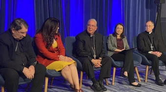Organizers of Pope Leo XIV’s upcoming digital dialogue with young people Nov. 21 at the National Catholic Youth Conference in Indianapolis speak to the media at the site of the United States Catholic Bishops’ Conference Fall Plenary Assembly in Baltimore on Nov. 12, 2025. Left to right: Cardinal Christophe Pierre, papal nuncio to the United States; Montse Alvarado, president and COO of EWTN News; Archbishop Nelson J. Pérez, Archdiocese of Philadelphia; Christina Lamas, executive director of National Federation for Catholic Youth Ministry; and Archbishop Charles Thompson, Archdiocese of Indianapolis.