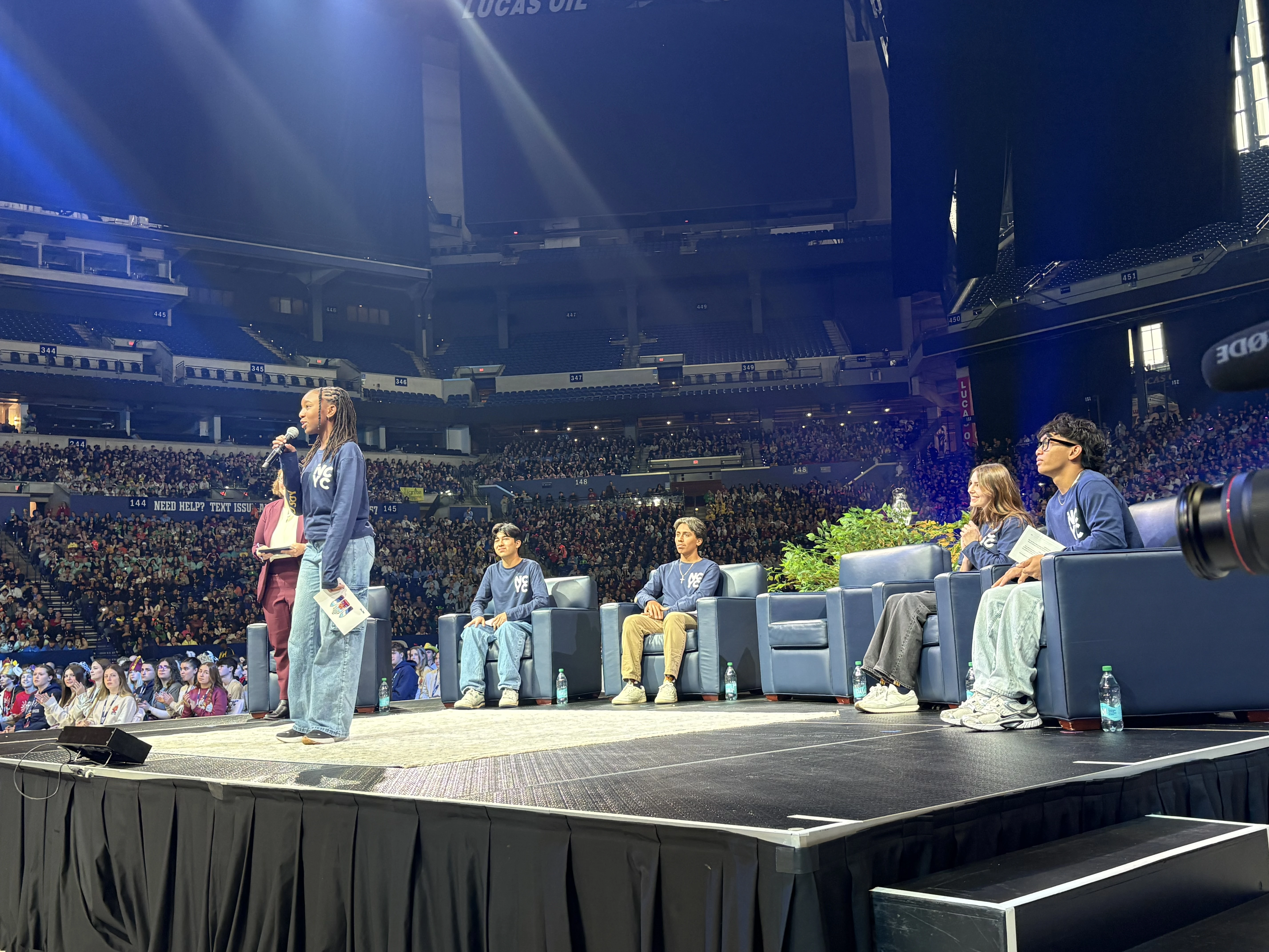 Young people ask questions of Pope Leo XIV in a live dialogue on Nov. 21, 2025, from the National Catholic Youth Conference in Indianapolis. | Credit: Tessa Gervasini/CNA