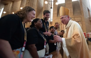 Archbishop José Gómez of Los Angeles greets perpetual pilgrims of the National Eucharistic Pilgrimage at the Cathedral of Our Lady of the Angeles in Los Angeles, California, on June 22, 2025. Credit: Jeffrey Bruno/EWTN