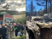 The Holy Spirit Catholic Mission in Washoe Valley, Nevada, before (left) and after a rampant wildfire destroyed the church on Saturday, Sept. 7, 2024.