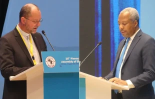 Father Andreas Frick (left) and a CRS official during the SECAM plenary assembly in Rwanda held July 30 to Aug. 4, 2025. Credit: ACI Africa