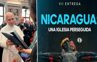 Pope Leo XIV receives the latest edition of the report “Nicaragua: A Persecuted Church,” by Martha Patricia Molina, on Oct. 2, 2025. Credit: Courtesy of Muriel Saenz