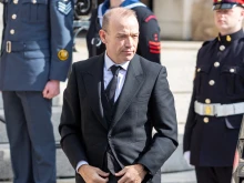 Secretary of State for Northern Ireland Chris Heaton-Harris arrives at St Anne's Cathedral for the Service of Reflection in Belfast on Sept. 13, 2022.