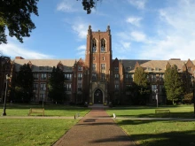 A view of the Notre Dame College administration building from the south, including its tower.