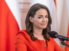 Hungarian President Katalin Novak addresses a joint press conference with the Polish president after talks in Warsaw, Poland, on May 17, 2022.