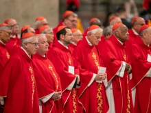 Cardinals participate in the fifth Novendiales Mass for Pope Francis on April 30, 2025, in St. Peter’s Basilica at the Vatican.
