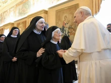Pope Leo XIV receives cloistered Augustinian nuns at the Vatican on Nov. 13, 2025.