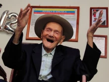 112-year-old Venezuelan farmer Vicente Pérez gestures at his home in San Jose de Bolivar, Tachira state, Venezuela, on Jan. 24, 2022. Guinness World Records has officially recognized Pérez as the oldest living man following the death of a Spaniard who was the previous holder of the title,