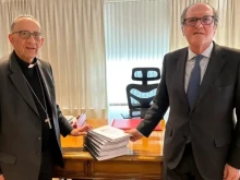 Cardinal Juan José Omella, the archbishop of Barcelona, Spain, and Spain's Ombudsman Ángel Gabilondo.