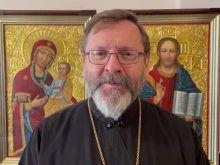 Major Archbishop Sviatoslav Shevchuk records a video message in Kyiv, Ukraine, on March 8, 2022.