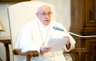 Pope Francis gives a general audience address in the library of the Apostolic Palace.   Vatican Media