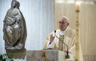 Pope Francis celebrates Mass in the chapel of the Casa Santa Marta May 7, 2020.   Vatican Media.