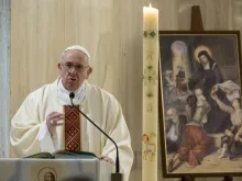 Pope Francis celebrates Mass in the chapel of the Casa Santa Marta May 9, 2020. 
