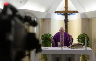 Pope Francis offers Mass in Casa Santa Marta on March 11, 2020.   Vatican Media/CNA.