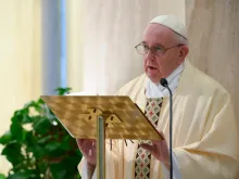 Pope Francis celebrates Mass in the chapel of the Casa Santa Marta May 13, 2020. 