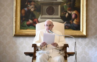 Pope Francis at his general audience address in the library of the Apostolic Palace Nov. 18, 2020.   Vatican Media.