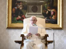 Pope Francis at his general audience address in the library of the Apostolic Palace Nov. 18, 2020. 