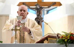 Pope Francis celebrates morning Mass at the Casa Santa Marta April 23, 2020.   Vatican Media.
