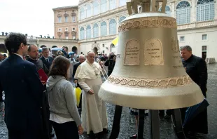 Pope Francis blesses the bell in the San Damaso courtyard at the Vatican, Sept. 23, 2020.   Vatican Media. 