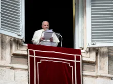 Pope Francis delivers an Angelus address overlooking St. Peter’s Square. 