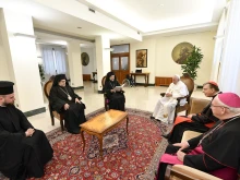Pope Francis meets with a delegation from the Ecumenical Patriarchate of Constantinople in the Vatican's Santa Marta guesthouse, June 30, 2022.