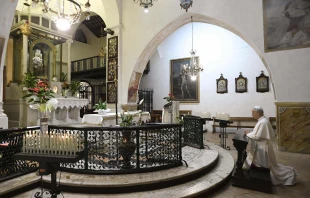 Pope Leo XIV prays at the Marian shrine at Mentorella on Aug. 19, 2025. Credit: Vatican Media