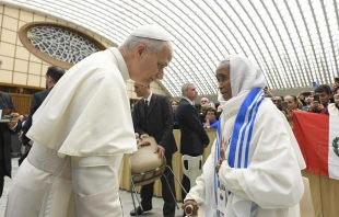 Pope Leo XIV meets with participants of the fifth World Meeting of Popular Movements on Oct. 23, 2025, in the Vatican’s Paul VI Audience Hall. Credit: Vatican Media
