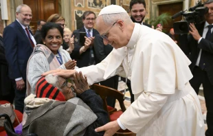 Pope Leo XIV greets an elderly woman at the Vatican on Oct. 3, 2025. Credit: Vatican Media