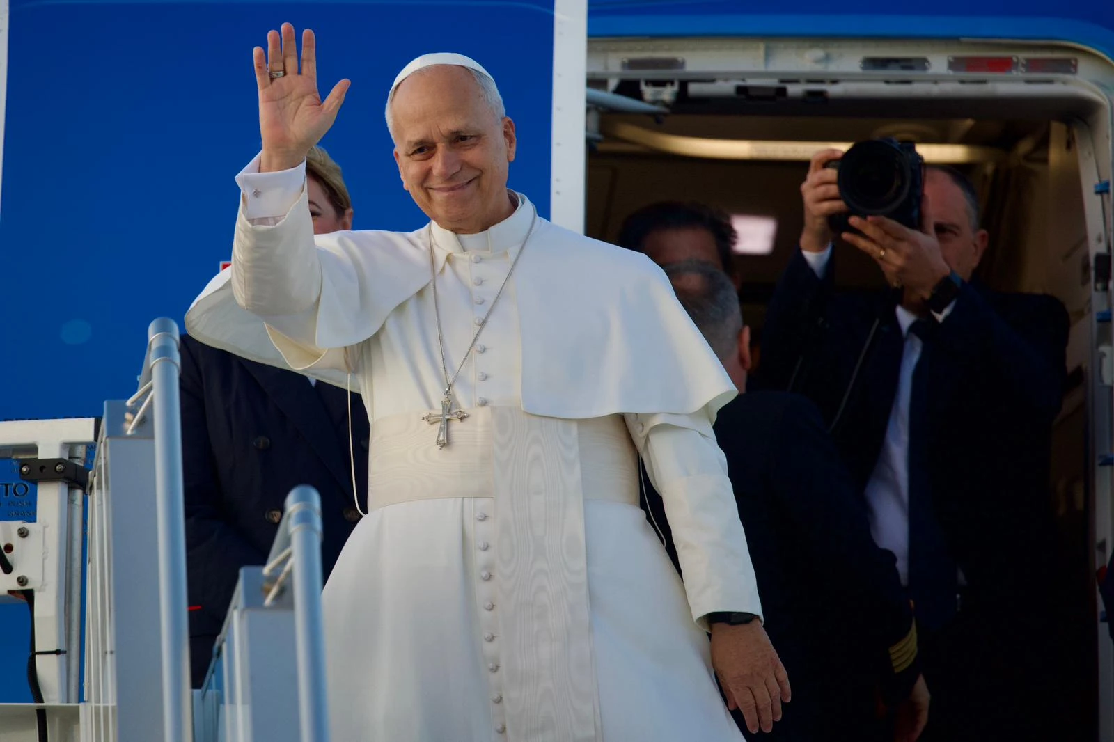 Pope Leo XIV waves as he boards an ITA Airways plane on the morning of Nov. 27, for the first leg of his apostolic journey to Turkey and Lebanon. | Credit: Daniel Ibanez/CNA.