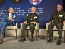 Gerard Bradley (left), Bishop Thomas Paprocki (center), and Father David Pignato (right) speak on a panel at Ave Maria School of Law Conference on Oct. 3, 2025, at the Heritage Foundation in Washington, D.C.