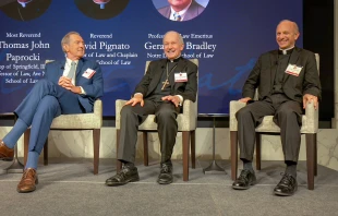 Gerard Bradley (left), Bishop Thomas Paprocki (center), and Father David Pignato (right) speak on a panel at Ave Maria School of Law Conference on Oct. 3, 2025, at the Heritage Foundation in Washington, D.C. Credit: Photo courtesy of Ave Maria School of Law