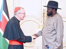 Cardinal Pietro Parolin meets with South Sudan President Salva Kiir Mayardit on Aug. 14, 2023, in Juba, South Sudan.