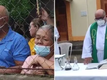 The faithful gather for Mass behind the fence of the church as the parochial vicar celebrates Mass in the atrium of Santa Lucía Parish in Matagalpa, Nicaragua, Aug. 16, 2022.