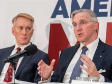Supreme Knight Patrick Kelly (right) speaks at the Symposium on Young American Men, a national conversation on restoring purpose, flourishing, and belonging, at the National Press Club in Washington, D.C., on Nov. 3, 2025. Looking on is Sen. James Lankford of Oklahoma.