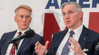 Supreme Knight Patrick Kelly (right) speaks at the Symposium on Young American Men, a national conversation on restoring purpose, flourishing, and belonging, at the National Press Club in Washington, D.C., on Nov. 3, 2025. Looking on is Sen. James Lankford of Oklahoma.