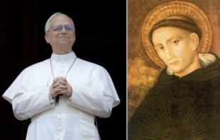 Pope Leo XIV and St. Nicholas of Tolentine. Credit: Daniel Ibáñez/EWTN News; Province of Our Mother of Good Counsel of the Augustinian Order