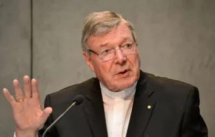 Cardinal George Pell of Sydney speaks during a press conference at the Vatican Press Office on July 9, 2014.  