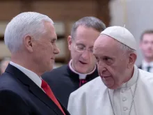 Pope Francis talks at the Vatican Jan. 24, 2020, with U.S. Vice President Mike Pence. 