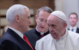 Pope Francis talks at the Vatican Jan. 24, 2020, with U.S. Vice President Mike Pence.   EWTN-CNA Photo/Daniel Ibáñez/Vatican Pool