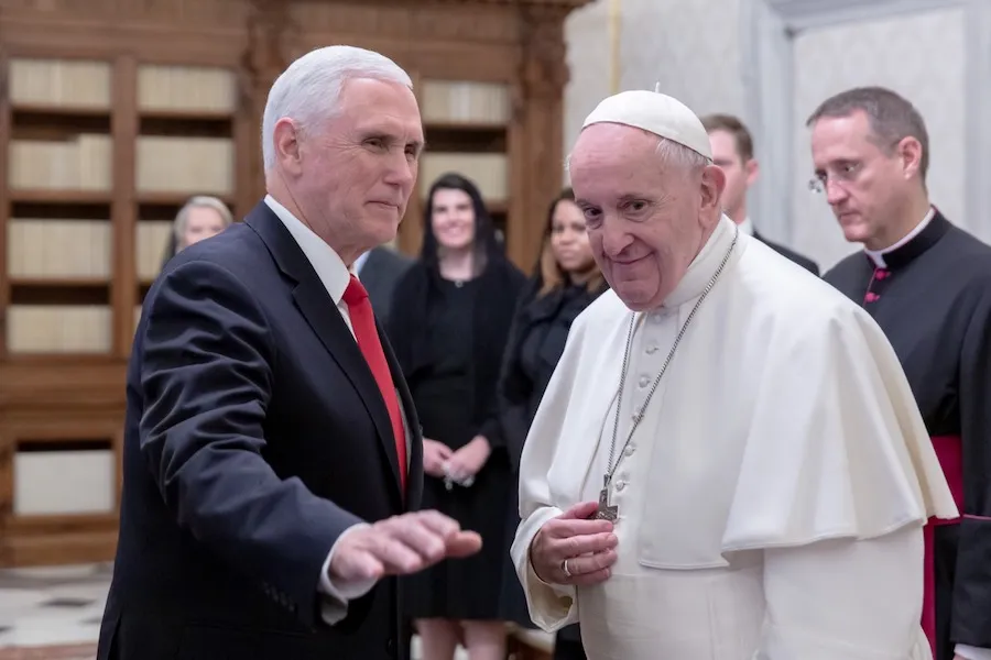 Pope Francis talks at the Vatican Jan. 24, 2020, with U.S. Vice President Mike Pence. ?w=200&h=150