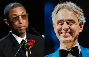 Pharrell Williams (left) and Andrea Bocelli. Credit: Paras Griffin/Getty Images; Jakub Janecki, CC BY-SA 4.0, via Wikimedia Commons