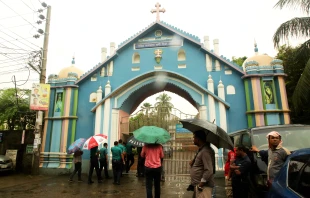 The main gate of Holy Rosary Church in Dhaka, Bangladesh, shows damage after two homemade bomb explosions on Oct. 8, 2025. Credit: Stephan Uttom Rozario